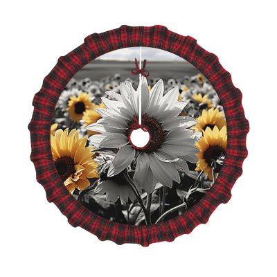 Black and White Sunflowers Christmas Tree Skirt Vintage Xmas Tree Skirt with Red Black Buffalo Plaid Edge Christmas Tree Mat Christmas Tree Ornaments for Holiday Party Christmas Decorations