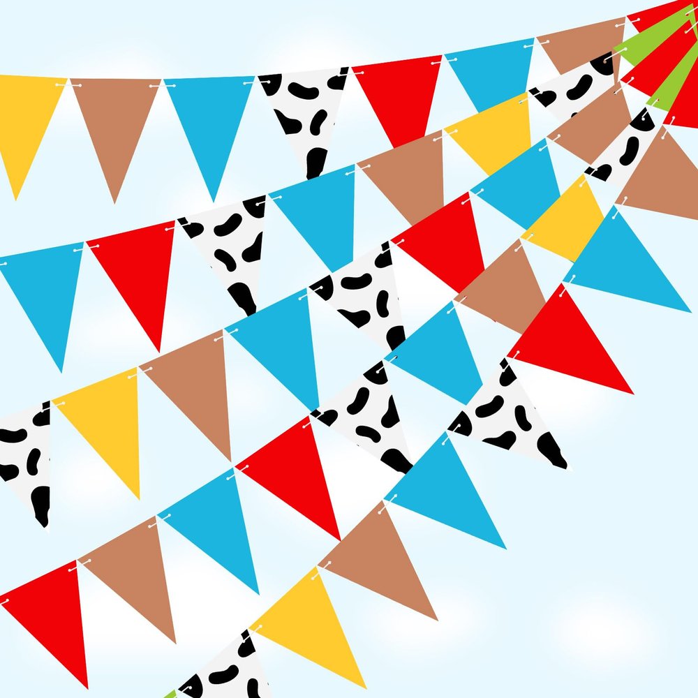 Smoothnovelty 45 ft Cartoon Party Decorations Red Blue Yellow Toy Themed Birthday Banner Flags Cloud and Cow Print Rainbow Triangle Pennant Flag Garland for Baby Shower Party Decor