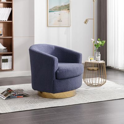 30.7''W Boucle Swivel Accent Barrel Chair Modern Comfy Sofa with Gold Stainless Steel Base for Living Room, 360 Degree Club Arm Chair for Nursery Bedroom Living Room Lounge Hotel (Navy Boucle)