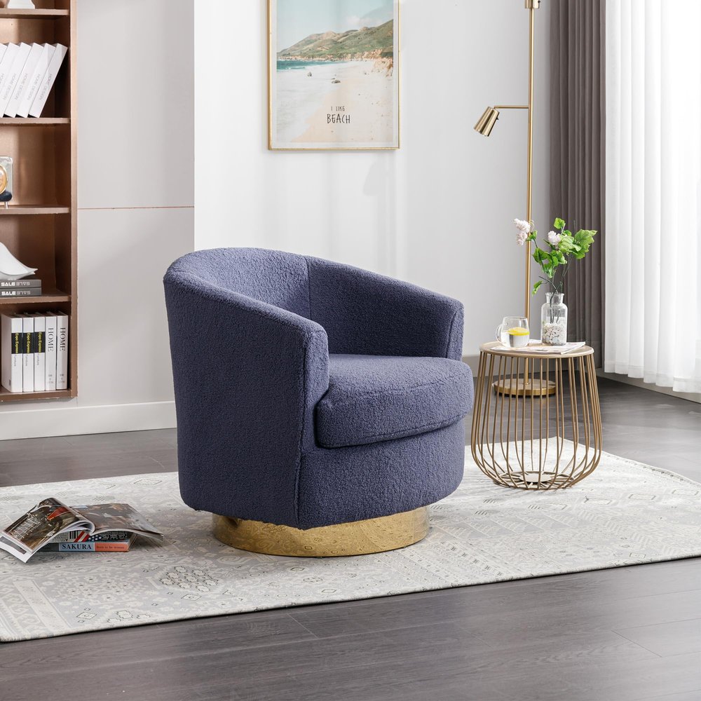 30.7''W Boucle Swivel Accent Barrel Chair Modern Comfy Sofa with Gold Stainless Steel Base for Living Room, 360 Degree Club Arm Chair for Nursery Bedroom Living Room Lounge Hotel (Navy Boucle)