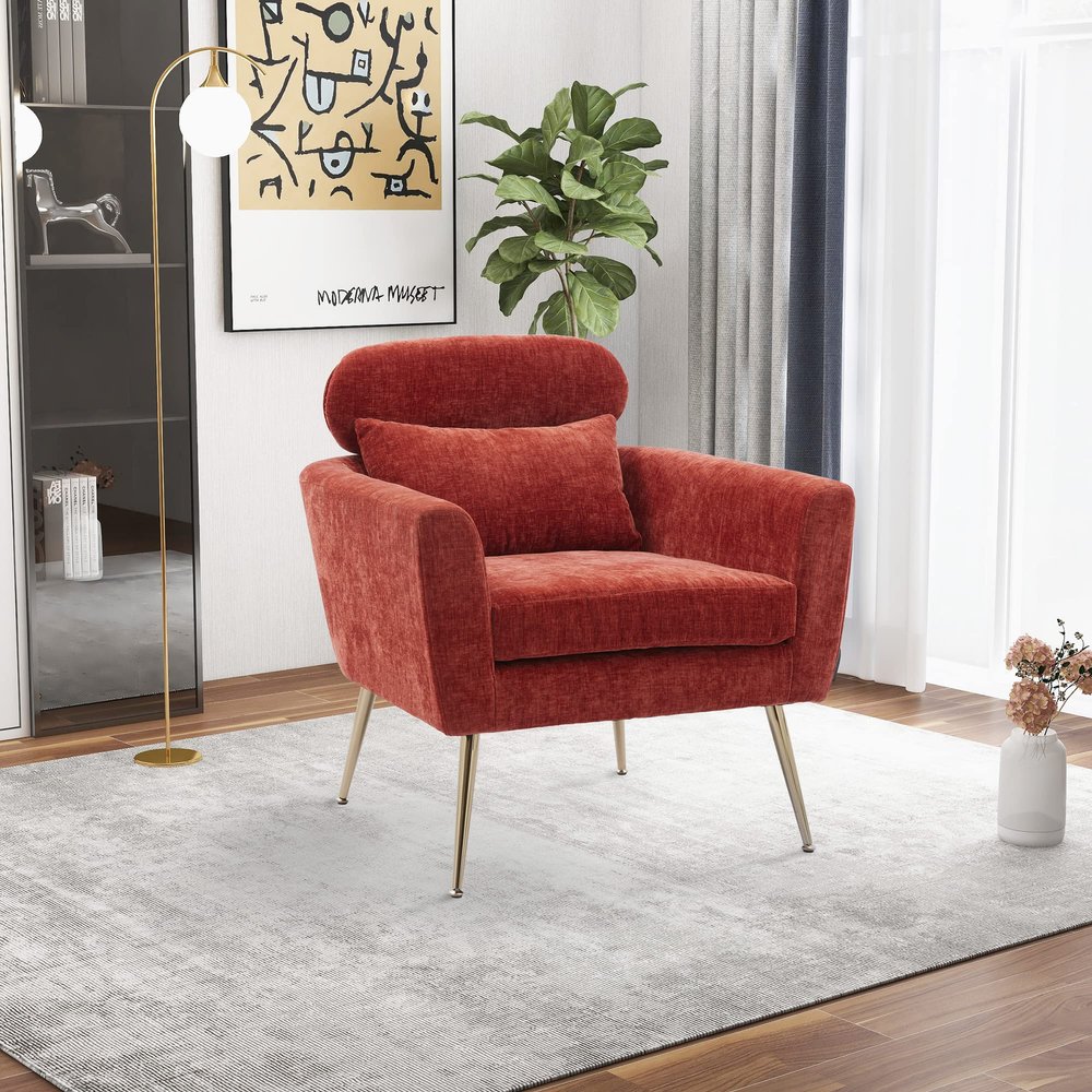 29.5"W Modern Chenille Accent Chair Armchair Upholstered Reading Chair Single Sofa Leisure Club Chair with Gold Metal Leg and Throw Pillow for Living Room Bedroom Dorm Room Office, Terracotta Chenille