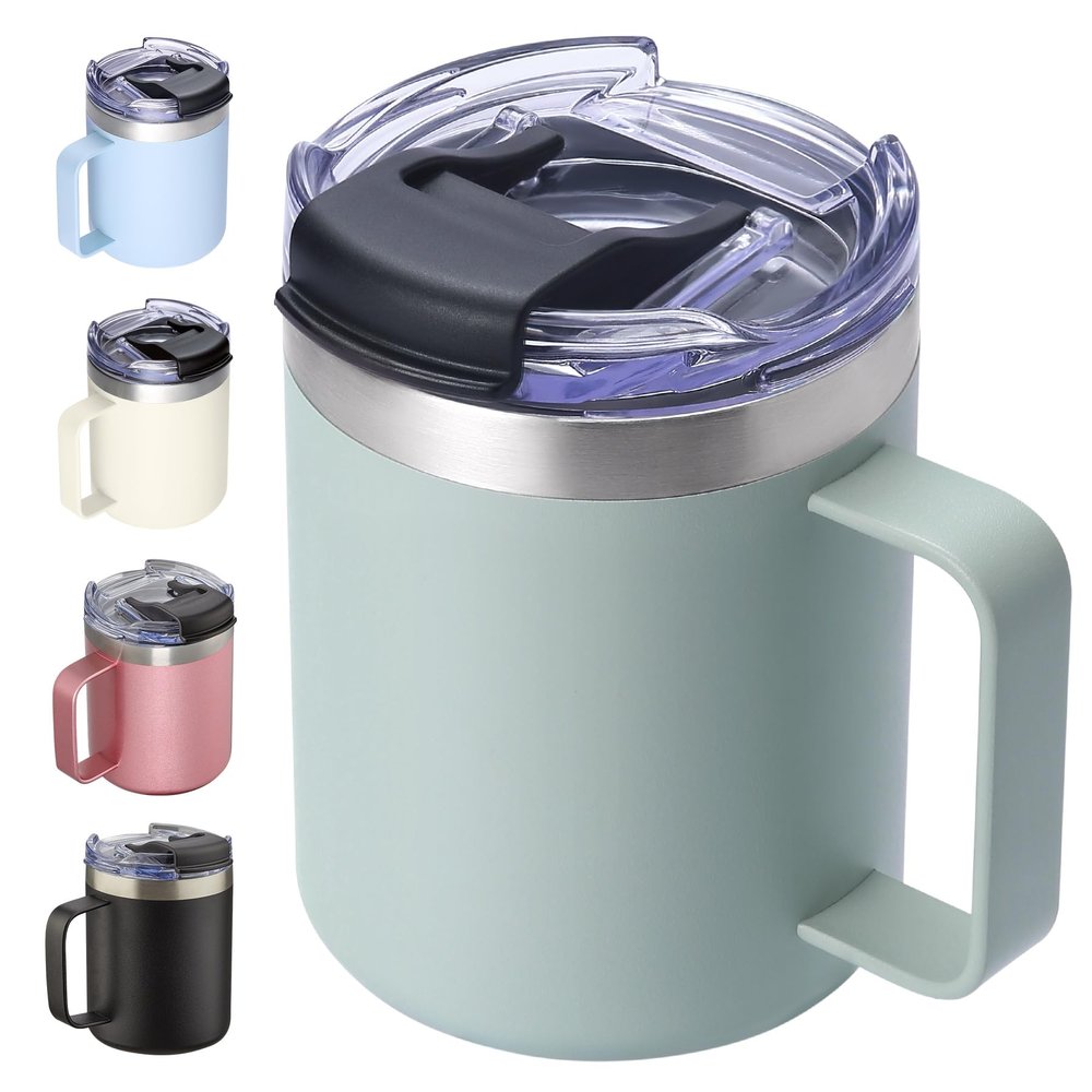ALOUFEA 12oz Insulated Coffee Mug Cup with Handle, Stainless Steel Travel Coffee Mug with Flip Lid, Double Wall Vacuum Coffee Tumbler,Sage