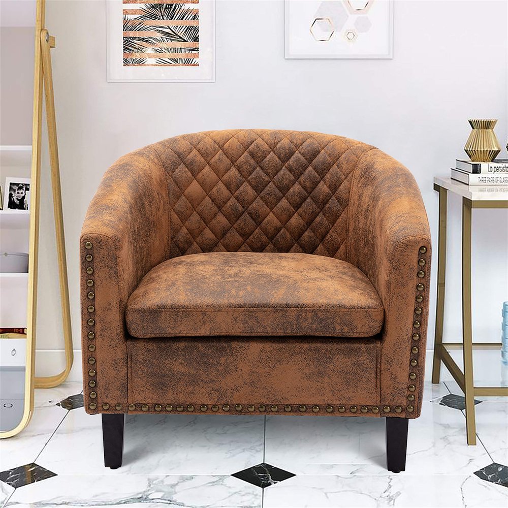 Accent Barrel Chair Living Room Chair with Nailheads and Solid Wood Legs Light Coffee Microfiber Fabric
