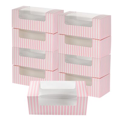 Restaurantware Pastry Tek 9.8 x 4.7 x 3.9 Inch Pastry Boxes 100 Disposable Donut Boxes - With Clear Window Easy Assembly Striped Paper Cookie Packaging Boxes For Muffins Or Mini Cakes