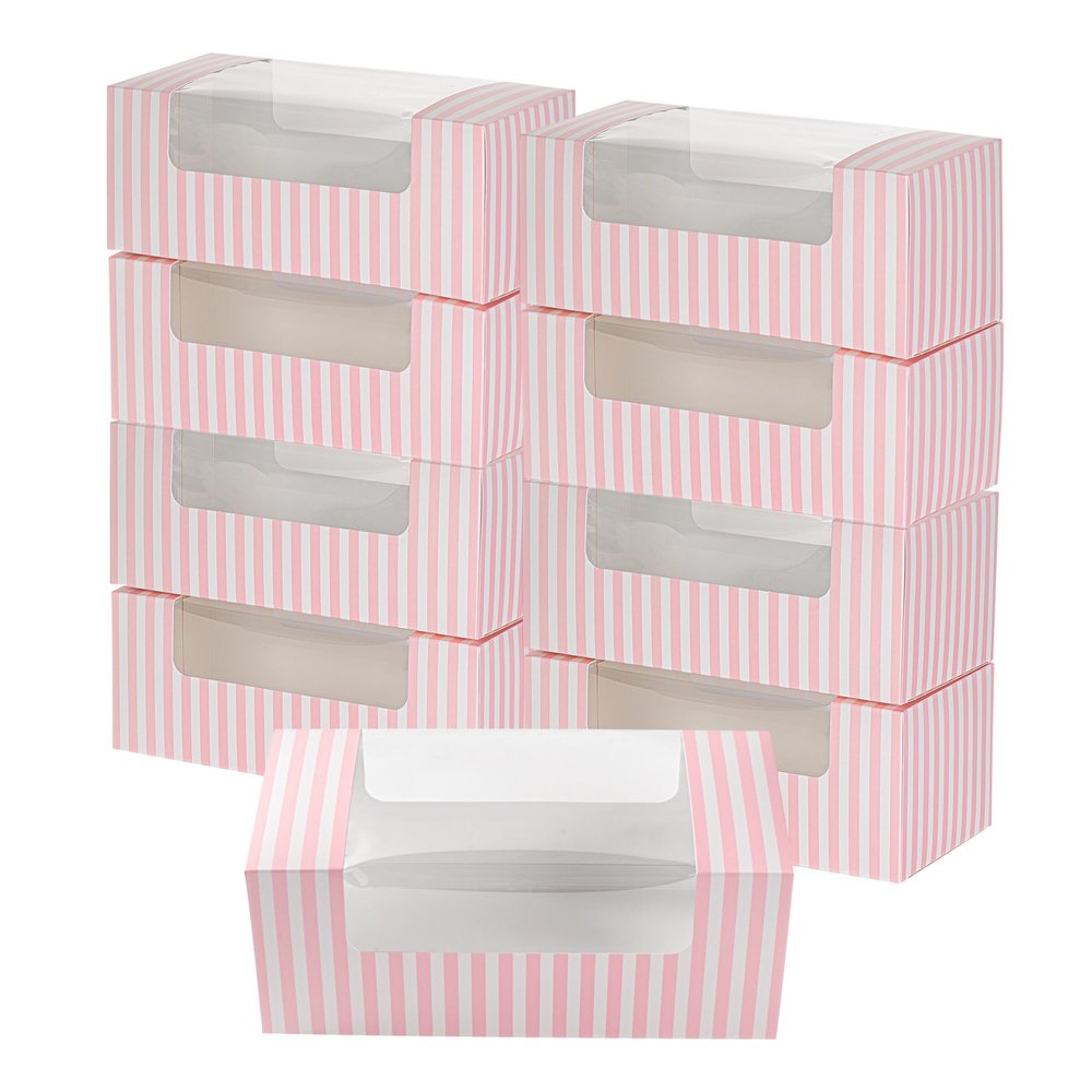Restaurantware Pastry Tek 9.8 x 4.7 x 3.9 Inch Pastry Boxes 100 Disposable Donut Boxes - With Clear Window Easy Assembly Striped Paper Cookie Packaging Boxes For Muffins Or Mini Cakes