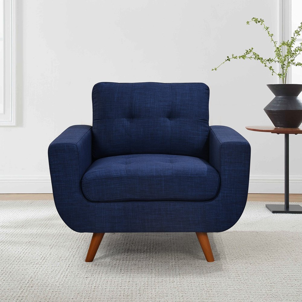 41" Linen Fabric Accent Chair, Mid Century Modern Armchair for Living Room, Bedroom Button Tufted Upholstered Comfy Reading Accent Sofa Chairs, Dark Blue
