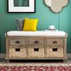 Rustic Storage Bench with 3 Drawers and 3 Rattan Baskets, Shoe Bench for Living Room, Entryway (White Washed) view 3