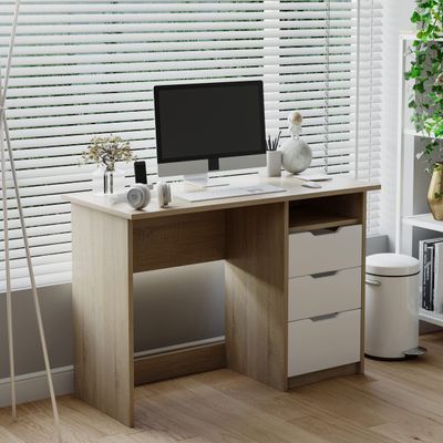 43.3Wood Corner Writing Table with Shelf 3 Drawers Storage, Oak & White