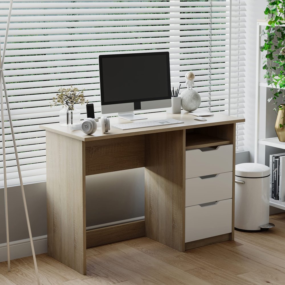43.3Wood Corner Writing Table with Shelf 3 Drawers Storage, Oak & White