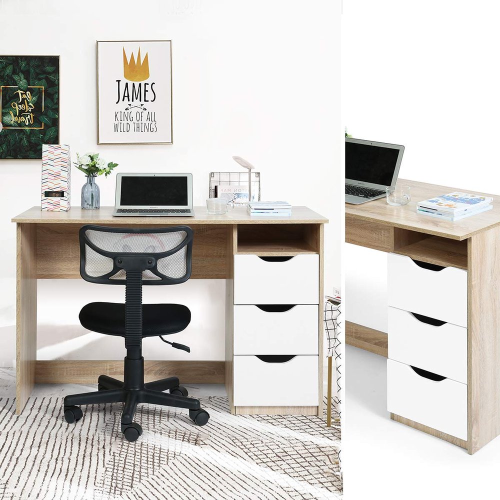 43.3Wood Corner Writing Table with Shelf 3 Drawers Storage