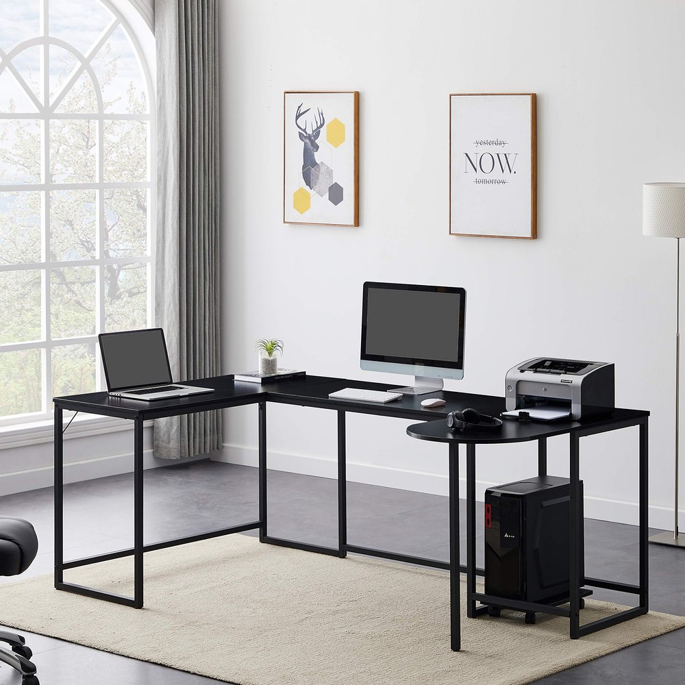 U-Shaped Computer Desk, Industrial Corner Writing Desk with CPU Stand, Gaming Table Workstation Desk for Home Office (Black) (Old SKU: WF198675AAB)