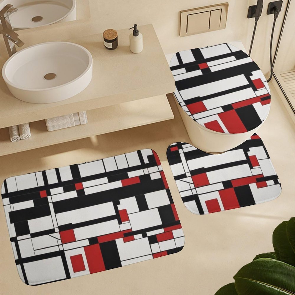 ZGDPBYF Bathroom Rugs Sets 3 Piece, Black White Red Mid Century Modern Bath Rugs,Non-Slip Bathroom Rug Mat Set Spotted Leopard Print with Toilet Rug U Shaped for Bathroom,Tub Shower, Bath Mat Set