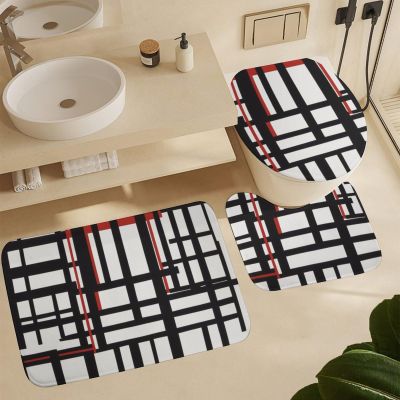 ZGDPBYF Black and White Red Geometric Line Art Bathroom Rug Set of 3, Spotted Leopard Print 3 Pieces Bath Mats Set for Bathroom, Washable Cover Floor Rug Decorations for Kitchen Bathroom Bedroom