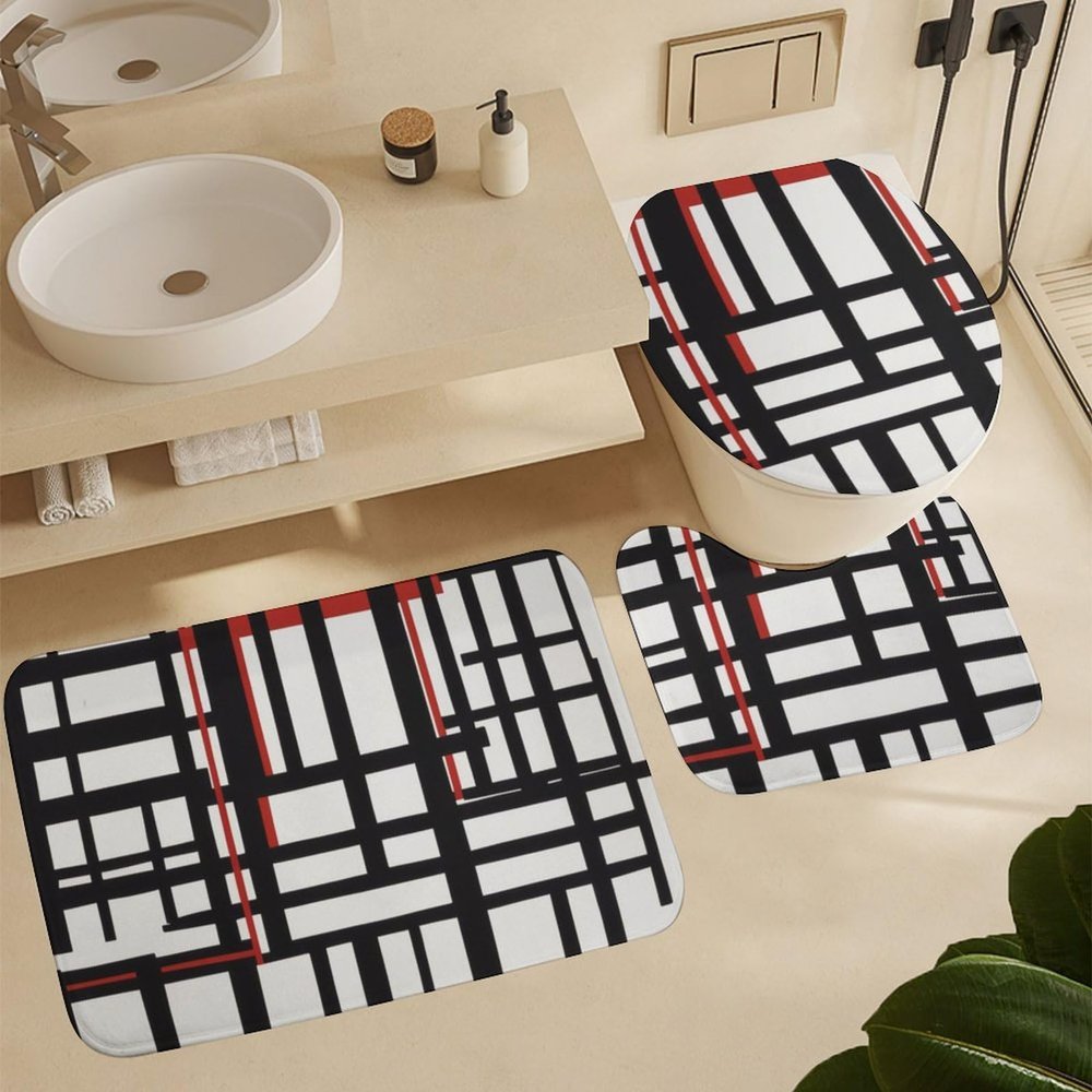 ZGDPBYF Black and White Red Geometric Line Art Bathroom Rug Set of 3, Spotted Leopard Print 3 Pieces Bath Mats Set for Bathroom, Washable Cover Floor Rug Decorations for Kitchen Bathroom Bedroom