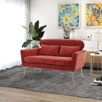 51" W Modern Chenille Loveseat Small Sofa Small Mini Room Couch Two-Seater Sofa with 2 Throw Pillows Gold Metal Legs for Small Space Office Studio Apartment Bedroom, Terracotta Chenille