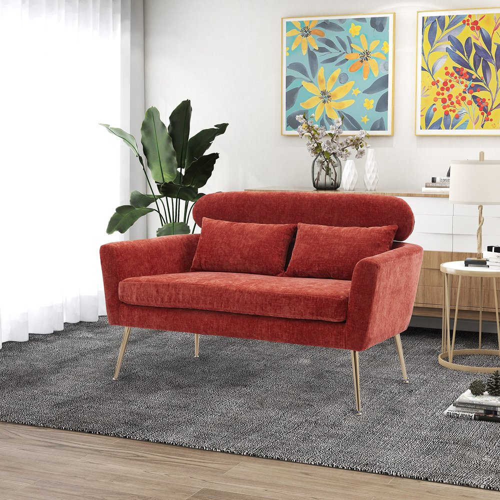 51" W Modern Chenille Loveseat Small Sofa Small Mini Room Couch Two-Seater Sofa with 2 Throw Pillows Gold Metal Legs for Small Space Office Studio Apartment Bedroom, Terracotta Chenille