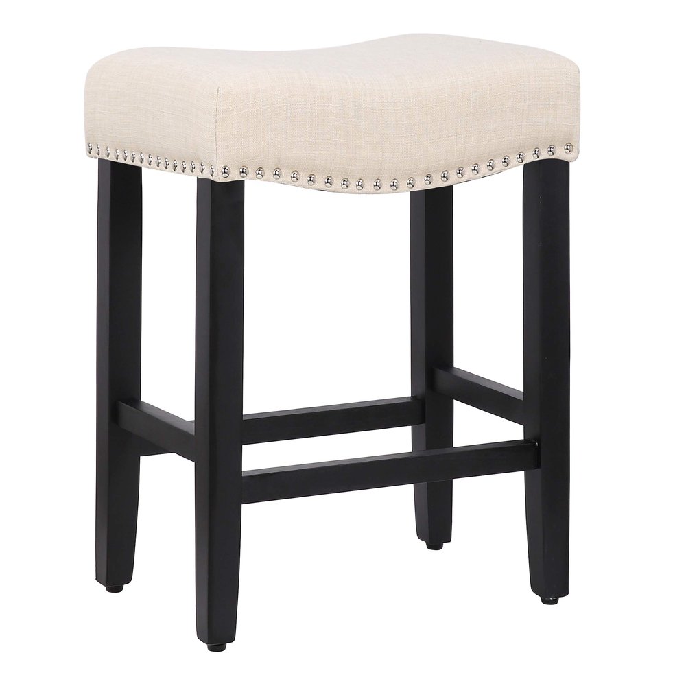 Costaelm 24" Upholstered Counter Height Bar Stool, Backless Kitchen Island Stool with Linen Cushion, Black/Beige