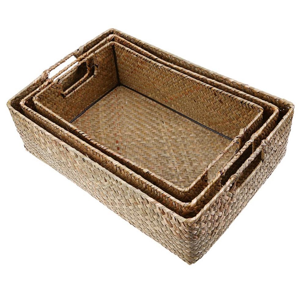 Baluue Retro Hand-woven Seaweed Storage Basket Multi-functional Sundries Organizer Box for Home Clothes Yellow