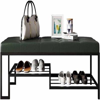 ELODEK Shoe Bench High and Low Storage Rack Wrought Iron Frame PU Leather Cushion 45cm in Height Home Decoration(Size:60CM/23.6IN,Color:Green)