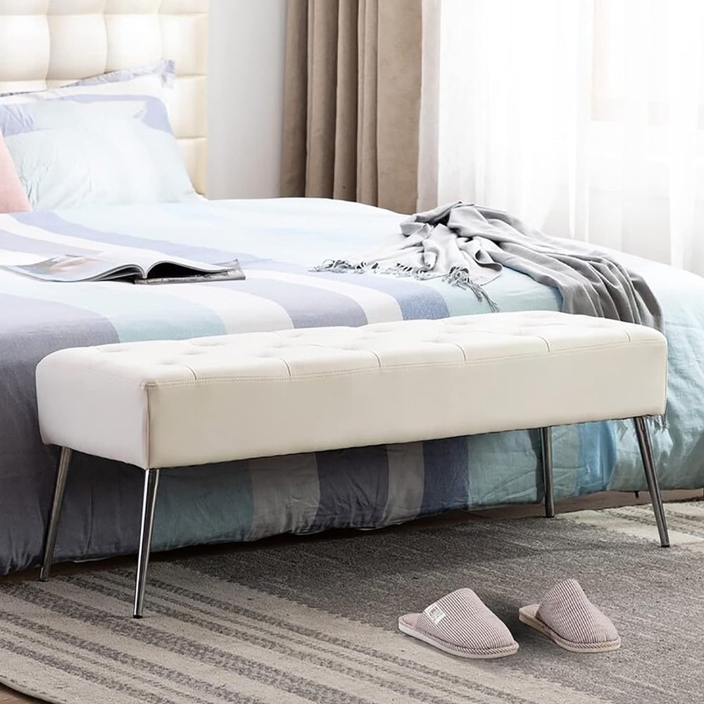 ELODEK End of Bed Bench with Metal Legs,Upholstered Bedroom Bench Leather Bench Seat,Modern Multifunction Shoe Bench 80x40x45cm(Size:80x40x45cm(31x16x18inch),Color:White)