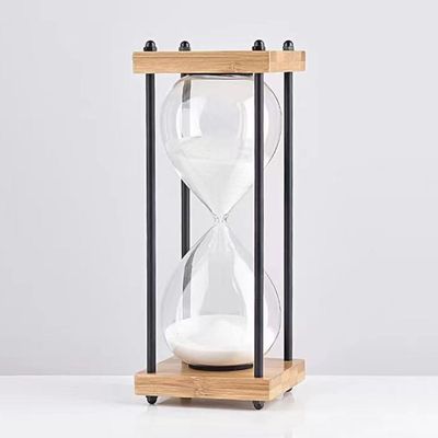 VINGAA Sand Timer, Glass Hourglass Timer, Metal Stand + Bamboo Hourglass Sand Timer, Work and Study 30 Minute Hourglass, Exquisite Desktop Hourglass Decor, Hourglass, for Home, School, Cafe, Office