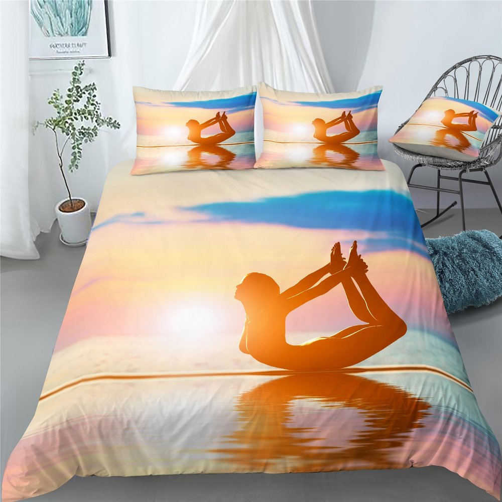 REALIN Yoga Zen Bedding Yoga Exercise Meditation Sunset Seaside Duvet Cover Set Girl Boy Kids Bed Sets 2/3/4PCS Quilt Covers/Sheets/Pillow Shams,Twin/Full/Queen/King (A,Queen-228x228cm-4PCS)