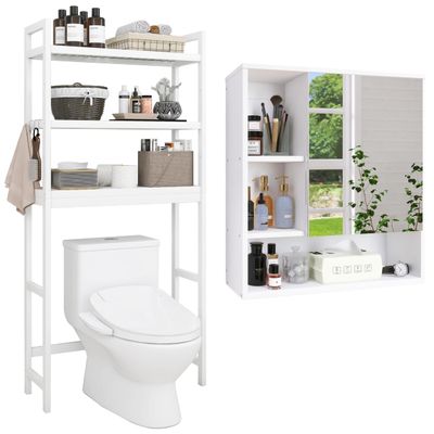 SMIBUY Bathroom Storage Shelf and Mirror Cabinet Wall Mounted, Freestanding Toilet Space Saver with 3-Tier Adjustable Shelves and Wall Hanging Over Toilet Storage Cabinet with Mirror Door (White)