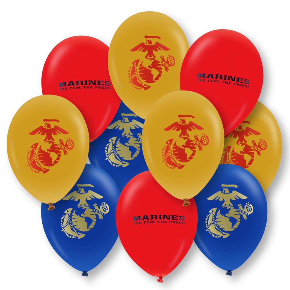 U.S. Marines Party Balloons (10pcs) 12 Latex Balloons in Red, Gold, and Blue with contrasting print on 2 sides. Officially Licensed by the U.S.Marines - Made in Italy - by Havercamp.
