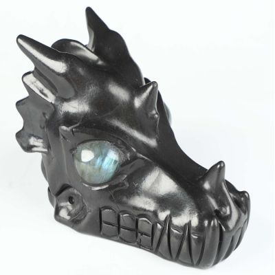 5.1" Shungite Carved Crystal Dragon Skull with Labradorite Eyes, Realistic