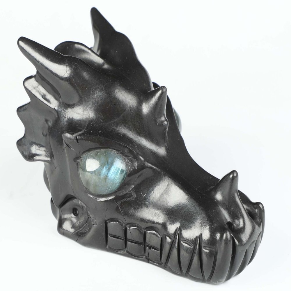5.1" Shungite Carved Crystal Dragon Skull with Labradorite Eyes, Realistic