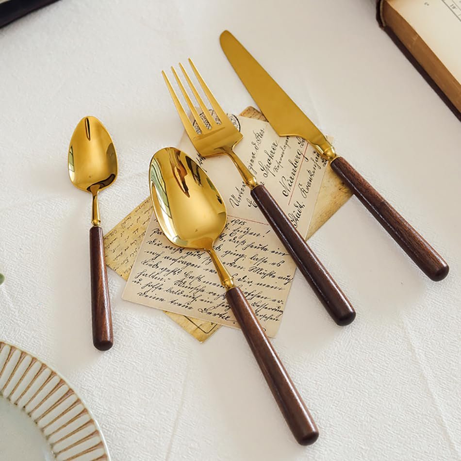 Wood Handle Silverware Gold Silverware Sets 18/8 Stainless Steel 56PCS Flatware Cutlery Set for 14 Utensil Sets Luxury-Tableware Family Gatherings Wedding Banquet Thanksgiving Christmas Essentials