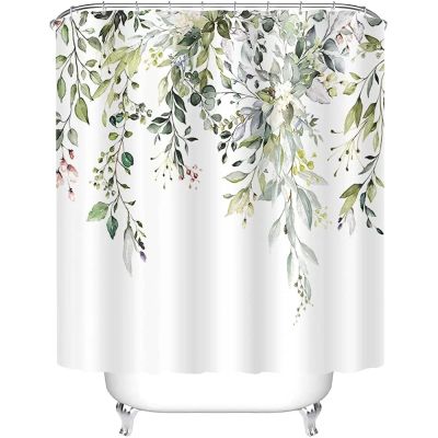 Zhadongli Art Green Eucalyptus Shower Curtain Waterproof Polyester Printed Bathroom Partition Decorative Curtain with Plastic Hook 183x183cm(72x72in)