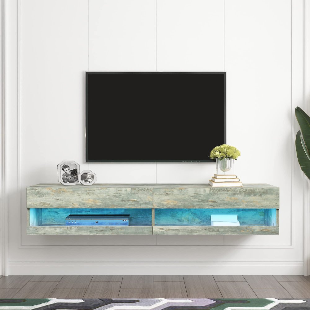 180 Wall Mounted Floating 80" TV Stand with 20 Color LEDs Grey