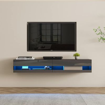 180 Wall Mounted Floating 80" TV Stand with 20 Color LEDsBlack+Grey