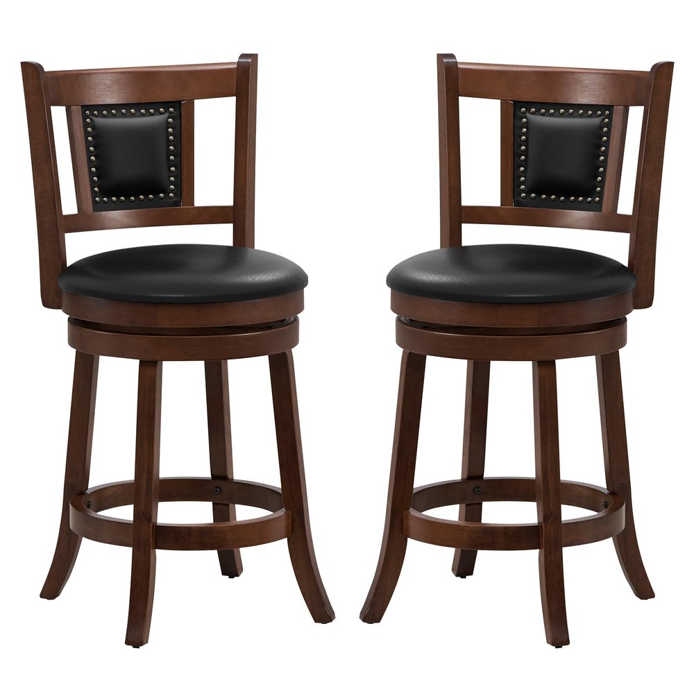 Giantex Swivel Bar Stools Set of 2, 25.5" Counter Height Bar Stools w/Ergonomic Backrest, Soft Padded Seat, Rubber Wood Legs, Footrest, Armless Barstools, Counter Chairs for Kitchen, Dining Room, Pub