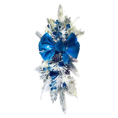 Christmas Wreaths for Front Door Pine-Cone Hanging Garland Candy Cane Swag for Wall Home Decoration Xmas Holiday Party Decor (Bow Tie Blue, One Size)