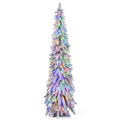 Goplus 6ft Pre-Lit Flocked Christmas Tree, Artificial Slim Pencil Xmas Tree with 250 LED Lights, 2 Lighting Colors, Timer & 11 Modes, 407 PVC Branch Tips, for Home Office Decor