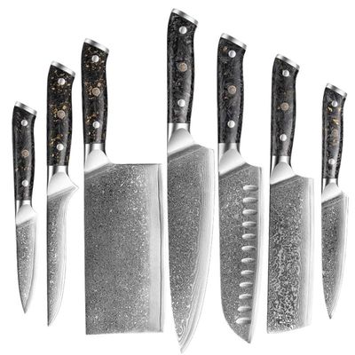 7Piece Kitchen Utensils Set Knife Block Set VG10 Damascus Kitchen Knife Set,67-Layers Super Steel With Resin Handle Professional Forged Handmade Gift Box Best Choice for Gift Giving