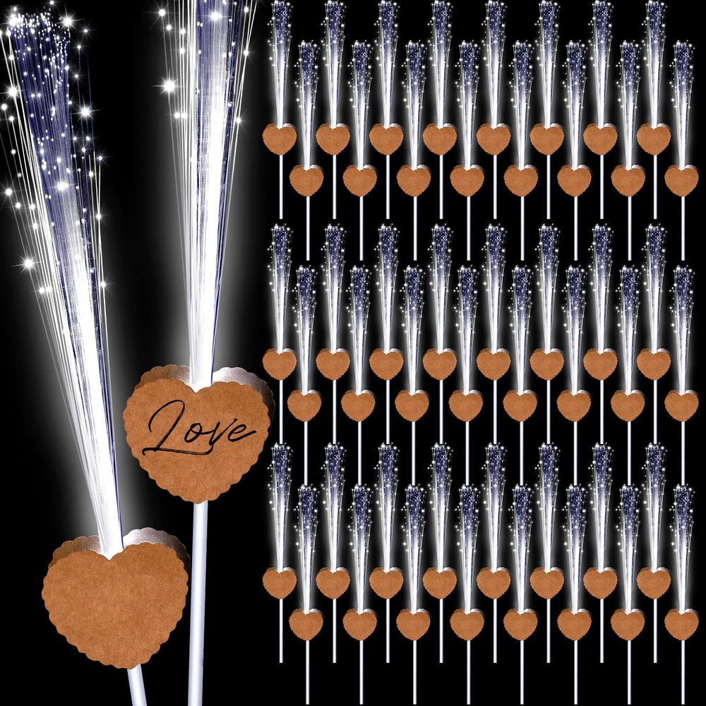 Tujoe 50 Pcs LED Wedding Sparklers Glow Sticks Heart Shape Long Fiber Optic Wands with 3 Light Modes for Send Off Reception Valentine Proposal Carnival Birthday Party Supplies Dance Floor Prop (Brown)