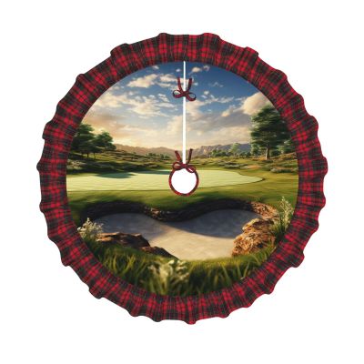 Golf Course Christmas Tree Skirt Vintage Xmas Tree Skirt with Red Black Buffalo Plaid Edge Christmas Tree Mat Christmas Tree Ornaments for Holiday Party Christmas Decorations