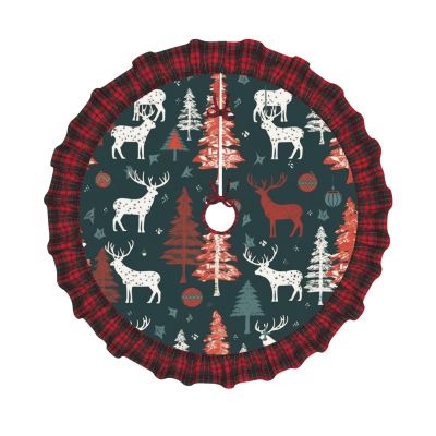 Cow Deer Tree Christmas Christmas Tree Skirt Vintage Xmas Tree Skirt with Red Black Buffalo Plaid Edge Christmas Tree Mat Christmas Tree Ornaments for Holiday Party Christmas Decorations