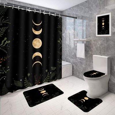 Coxila Moon Phase Shower Curtain Set Moonlit Celestial Plant Goth Gothic Witch Witchy Mysticism Toilet Lid Cover U Shaped Bath Mat 4 Pcs Decor Bathroom Non-Slip Rug Fabric Polyester 60x72 Inch