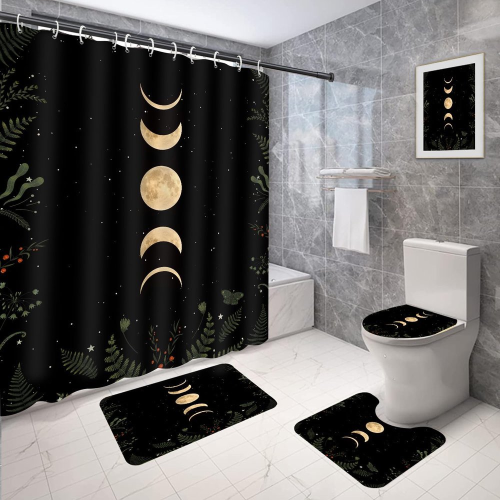 Coxila Moon Phase Shower Curtain Set Moonlit Celestial Plant Goth Gothic Witch Witchy Mysticism Toilet Lid Cover U Shaped Bath Mat 4 Pcs Decor Bathroom Non-Slip Rug Fabric Polyester 60x72 Inch