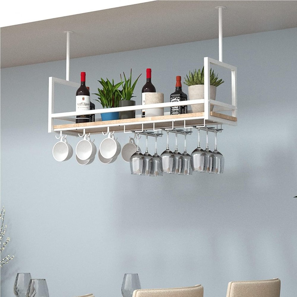Ceiling Storage Shelves - Hanging Wine Rack, Ceiling Hanging Floating Shelf, Retro Iron Solid Wood Plant Stand, 1-tier Inverted Wine Glass Holder, Bar Restaurant Display Stand ( Size : 80*30*60cm )