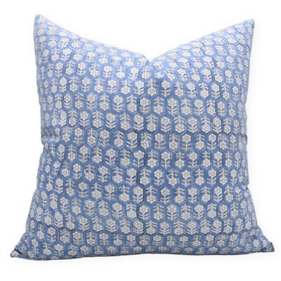 Fabritual Block Print Thick Cotton White Throw 14X14 Inches Cushion Cover, Handmade Pillowcase for Sofa, Couch, and Bed, Boho Home Decor, Farmhouse Style, Fall Decoration, Tulsi Buti, Blue