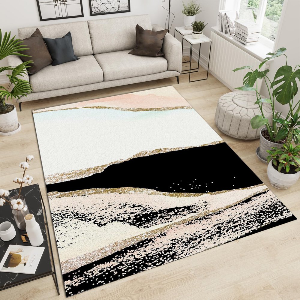 Abstract Black and White Marble Carpet, Gilded Golden Lines Modern and Simple Living Room Rugs, Washable Rug Easy to Clean Fine Fluff Short Velvet Apply to Hotels Entrance Door,46ft/120 * 180cm