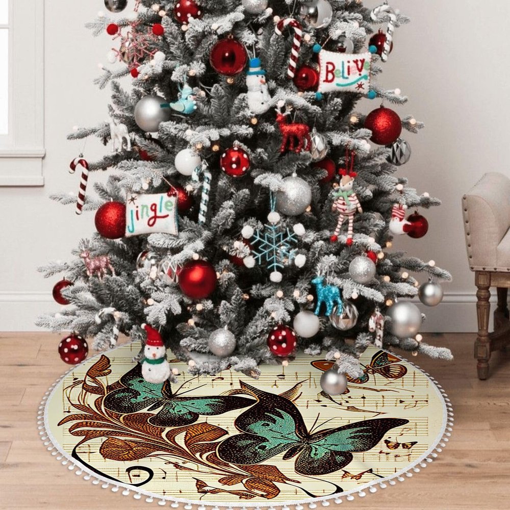 OOZ Butterfly and Music Illustration Pattern Christmas Tree Skirt 36 inchXmas Tree Skirts for Xmas Tree Ornaments and Party Holiday Decorations,Blue