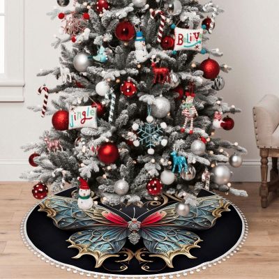 OOZ Butterfly with Diamonds on Black Background Pattern 30 Inch Christmas Tree Skirt,Christmas Tree Decoration Xmas Tree Mat for Holiday Party Indoor Decorations,Multicolor