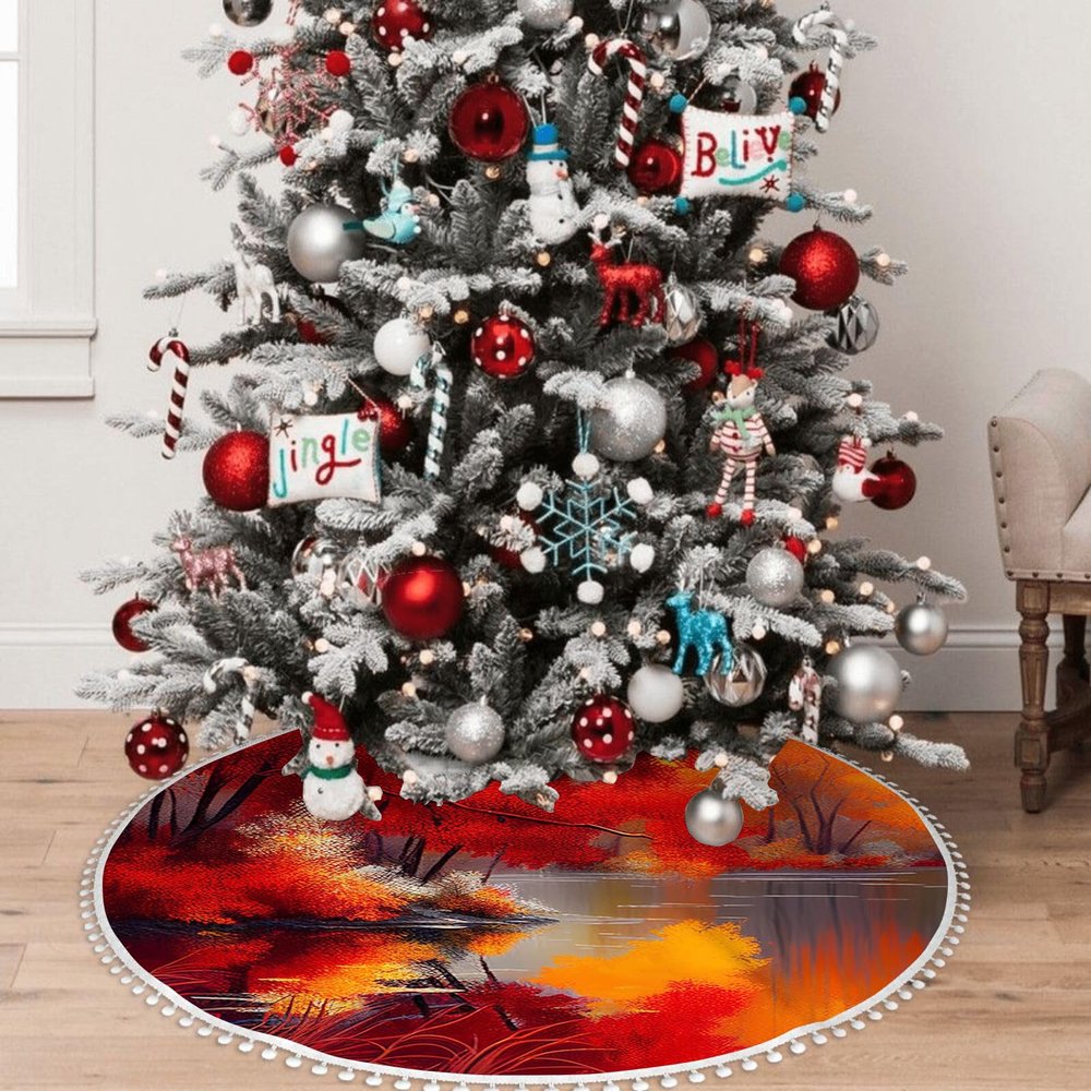 OOZ Red Autumn Leaves Cover The Water Pattern 30 inch Christmas Tree Skirt Christmas Tree Skirt for Christmas Tree for Holiday and PartyMulticolor