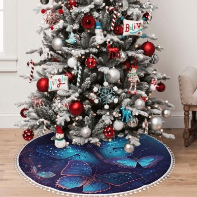 OOZ Blue Butterfly and Stars Art Pattern 30 Inch Christmas Tree Skirt,Christmas Tree Decoration Xmas Tree Mat for Holiday Party Indoor Decorations,Blue